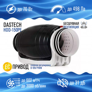 Бесшумный канальный вентилятор Dastech HDD-150PE, 150-160 мм, EC двигатель, управление 0-10В PWM